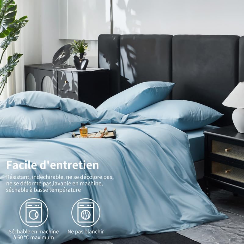 Gezu - Funda nórdica de 200 x 200 cm, satén de algodón, 100 % algodón, seda sedosa, brillante, juego de cama de algodón de fibra larga, ropa de cama con cremallera y 2 fundas de almohada de 65 x 65 cm
