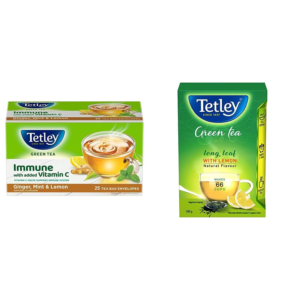 Ginger, Mint & Lemon Flavored Green Tea | Immune with Added Vitamin C | 25 Tea Bags & Tetley Long Leaf Green Tea, Lemon, 100g