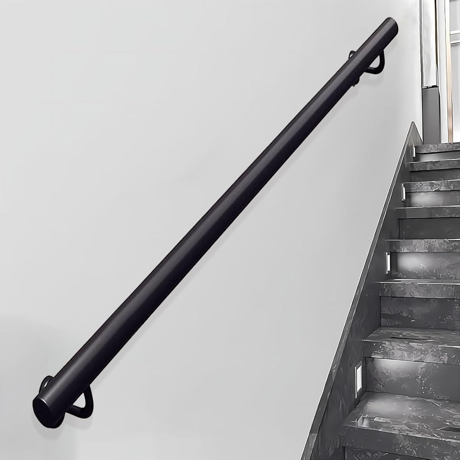 Modern Staircase Handrails - 3m/3.5m/4m/4.5m, Stair Railing Hand Railings for Outdoor Indoor Steps Grab Rail, Wall Mounted Handrail - Black Wrought Iron Pipe(1ft/30cm)