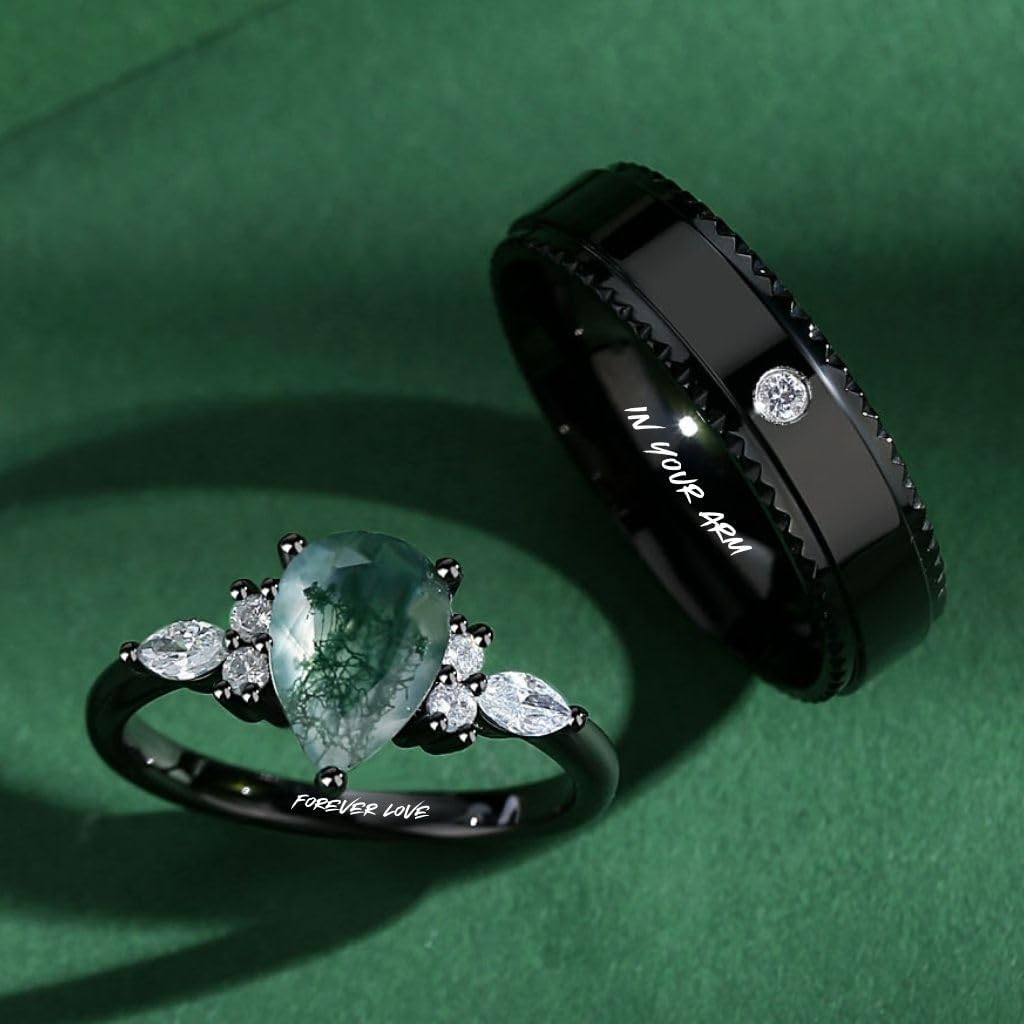 Moss Agate Rings for Couples, Custom Engraved His and Hers Ring Set, Stacking Women's Ring with Black Matching Band