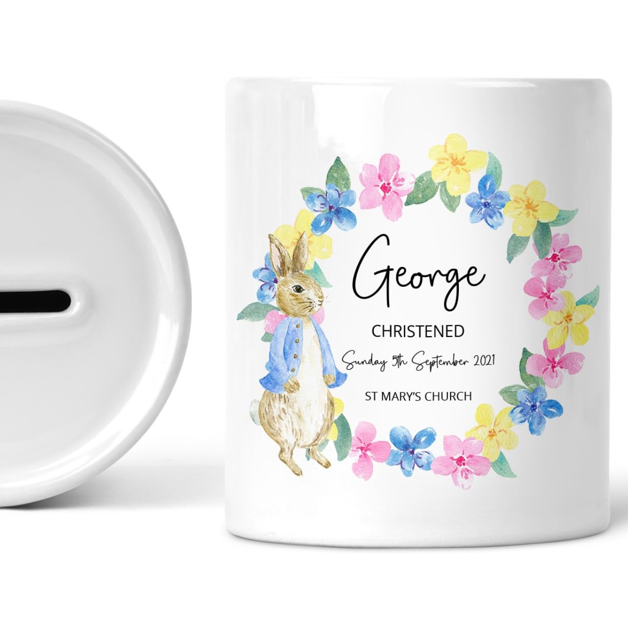 Personalised Christening Money Box for Boy with Rabbit - Baptism Ceramic Keepsake โ image 1