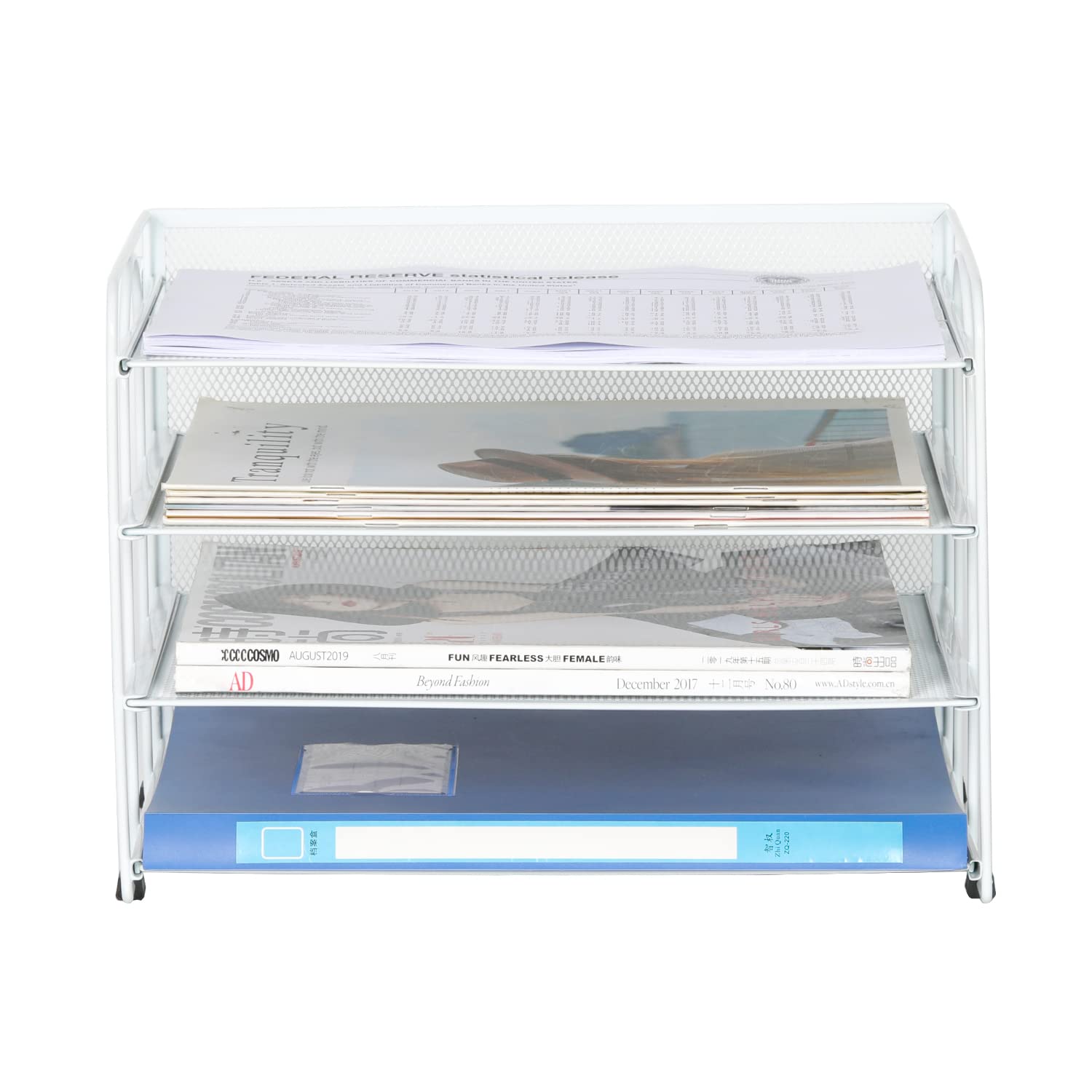 EasyPAG Organizer na Biurko A4 4 Przedziały Metal Siatka,Taca na Czasopisma,Półka na Listy,Stojak na Dokumenty do Domu & Biura,Biały