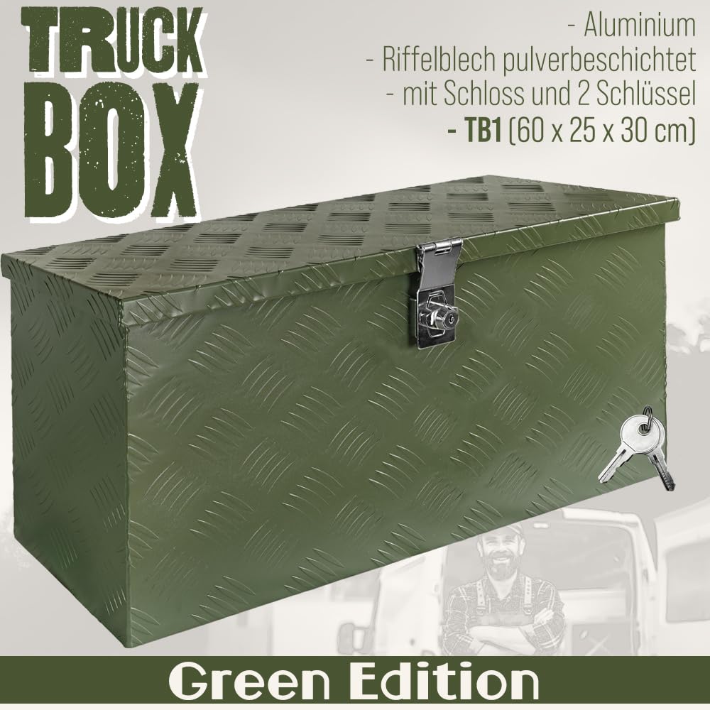 Trucky Caja de herramientas verde para barras de remolque, caja de aluminio, con tapa, con cerradura, caja de aluminio, caja de transporte, caja de herramientas, caja de aluminio