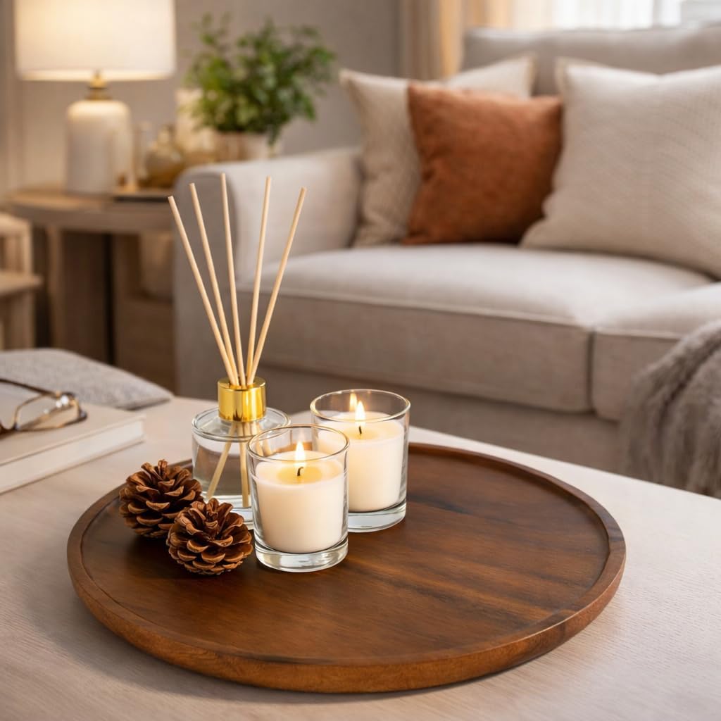 Round Acacia Wood Tray, Non-Slip Wooden Candle Tray for Coffee Table, Bathroom Vanity & Countertop, Decorative Wooden Tray for Home Décor Organizer- 11.8 Inch Diameter