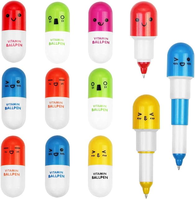 KBNIAN Pack of 24 Mini Retractable Ballpoint Pens with Cute Emoticon Cartoon Face Kawaii Vitamin Pill Blue Ink Writing Ball Pens Set for Kindergarten School Christmas Gifts