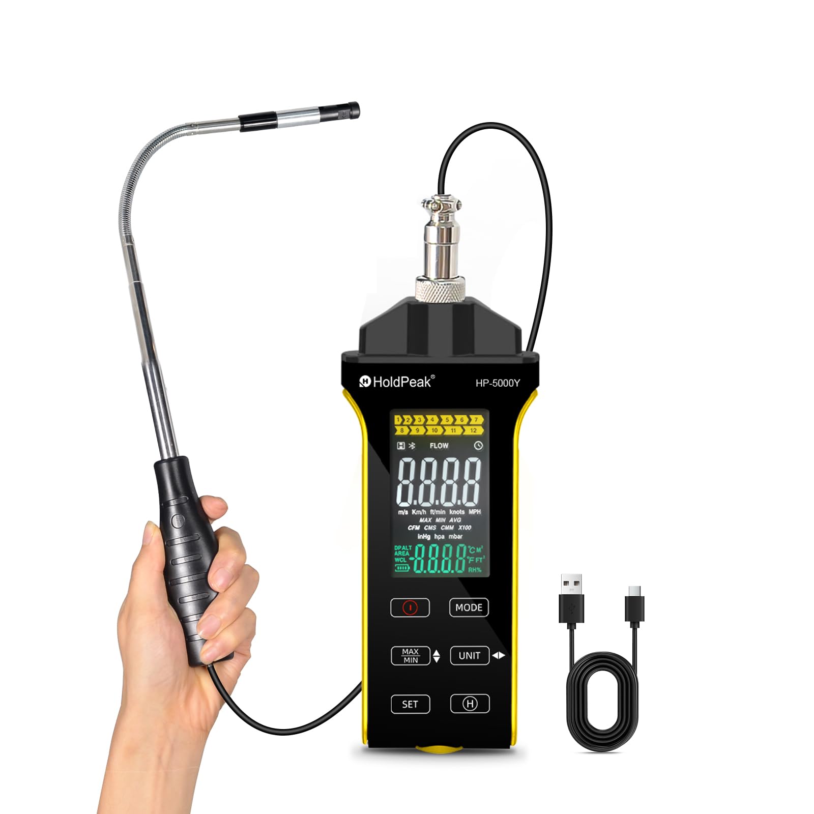 HOLDPEAK Anemómetro digital de alambre caliente CFM CMM medición temperatura sonda telescópica pantalla iluminada USB