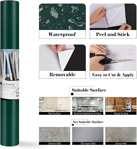 Miniatura 7 de LACHEERY Papel tapiz verde esmeralda de 24 x 160 pulgadas, para despegar y pegar, papel tapiz verde oscuro, papel adhesivo verde texturizado vintage