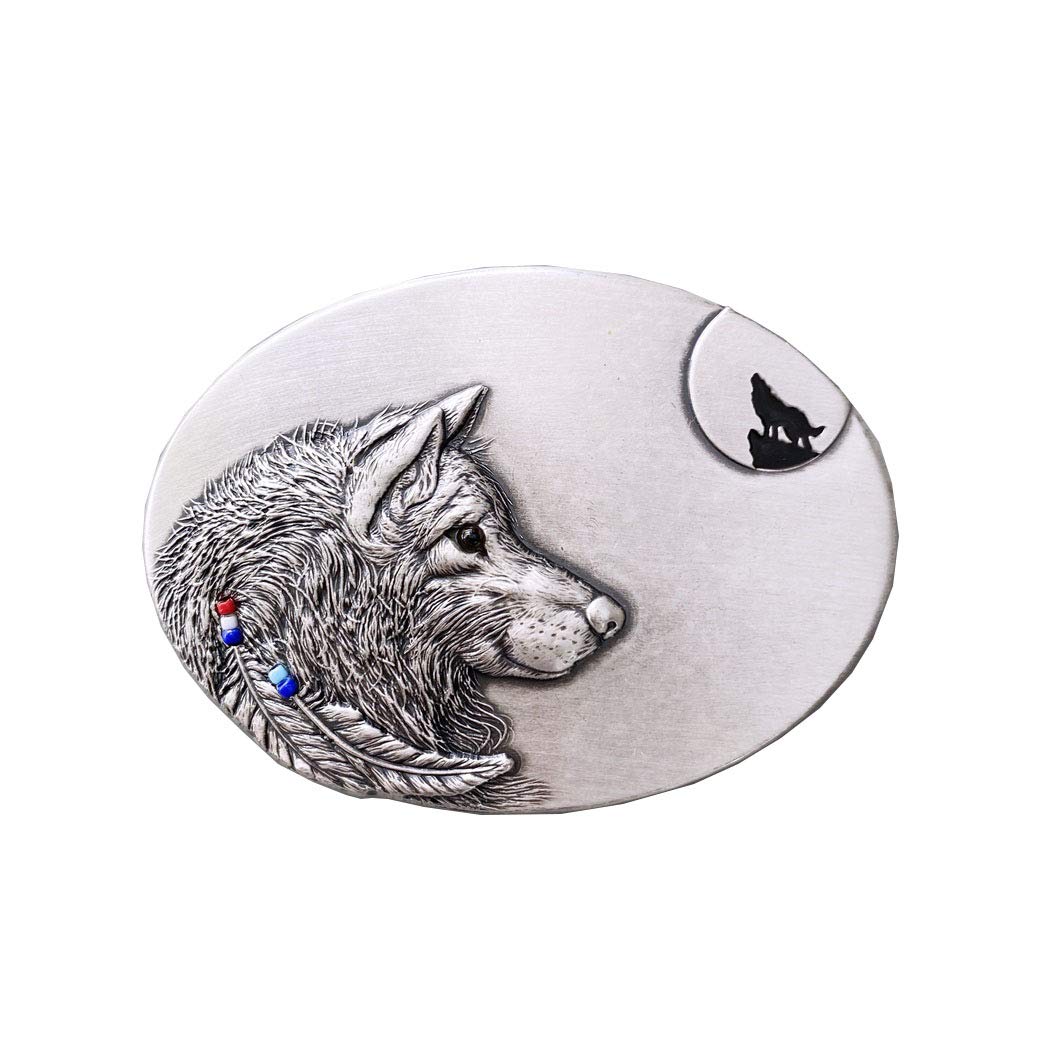 Jean's Friend Men's Antique Silver Vintage Silver Plated Wolf Oval Belt Buckle