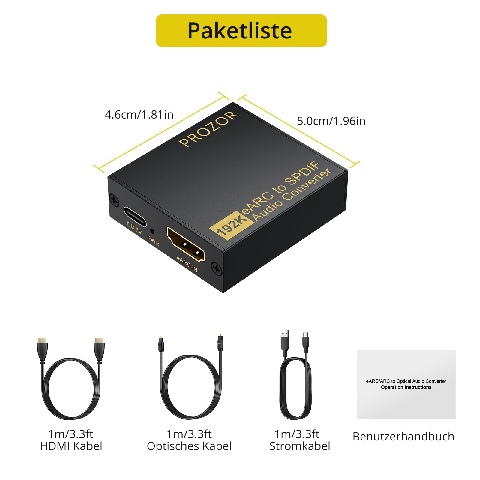 PROZOR eARC Audio Extractor HDMI eARC/ARC zu Optischer Audio-Konverter für Soundbars, HDTV, kabellose Kopfhörer, Heimkinosysteme, unterstützt 192KHz/24bit, PCM, Dolby, DTS 5.1 kompatibel