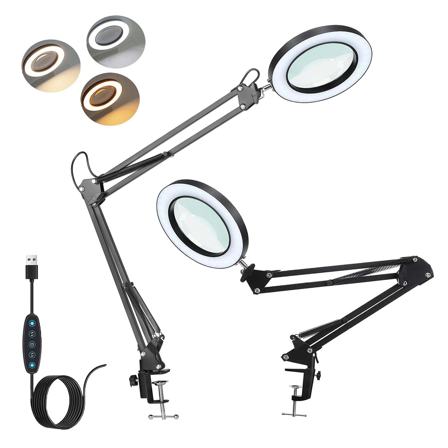 Lupa con luz y soporte, 2 unidades de lupa de 10 aumentos con luz y soporte, lupa luminosa con LED, tres colores de luz, 10 niveles de brillo ajustables, adecuada para aficiones, manualidades, lectura
