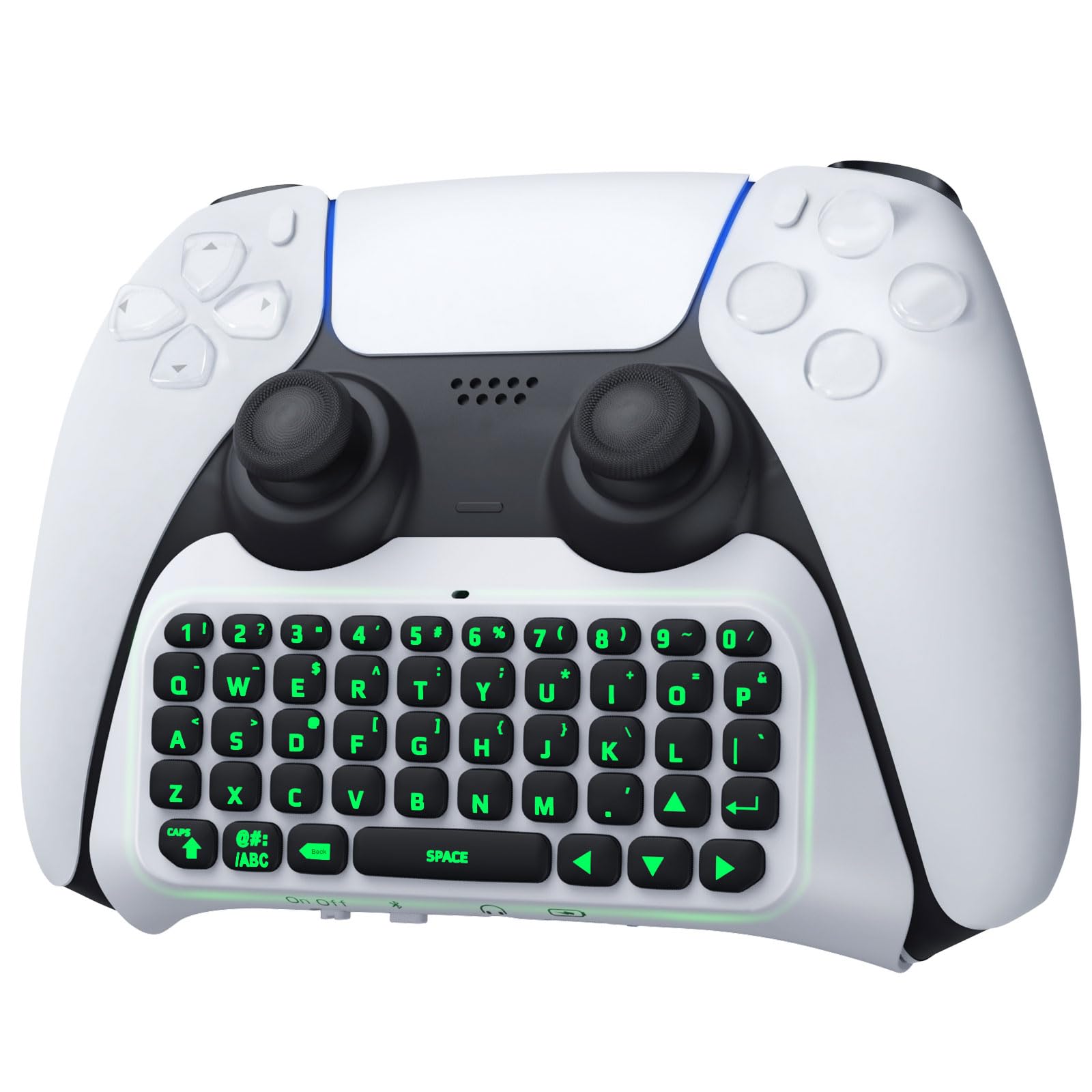 TiMOVO PS5 Controller Keyboard with Green Backlight, Wireless Bluetooth Keypad Chatpad for Playstation 5 Controller, Mini Game Keyboard Built-in Speaker with 3.5mm Audio Jack for PS5 Accessories,White