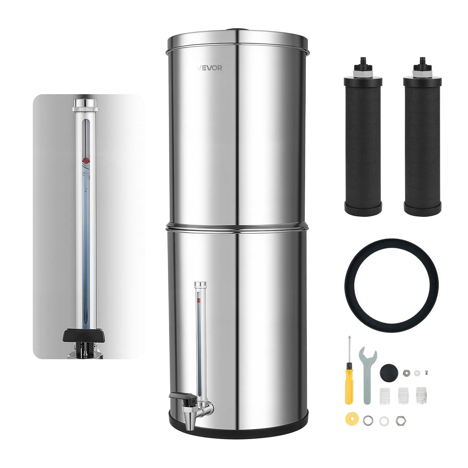 VEVOR Système de Filtration d'Eau par Gravité 12,3 L Filtre à Gravité Inox, Pour Camping, Fontaine Filtrante Réduction du Plomb et Jusqu'à 99% du Chlore, 2 Cartouches au Charbon Actif, Niveau d'Eau