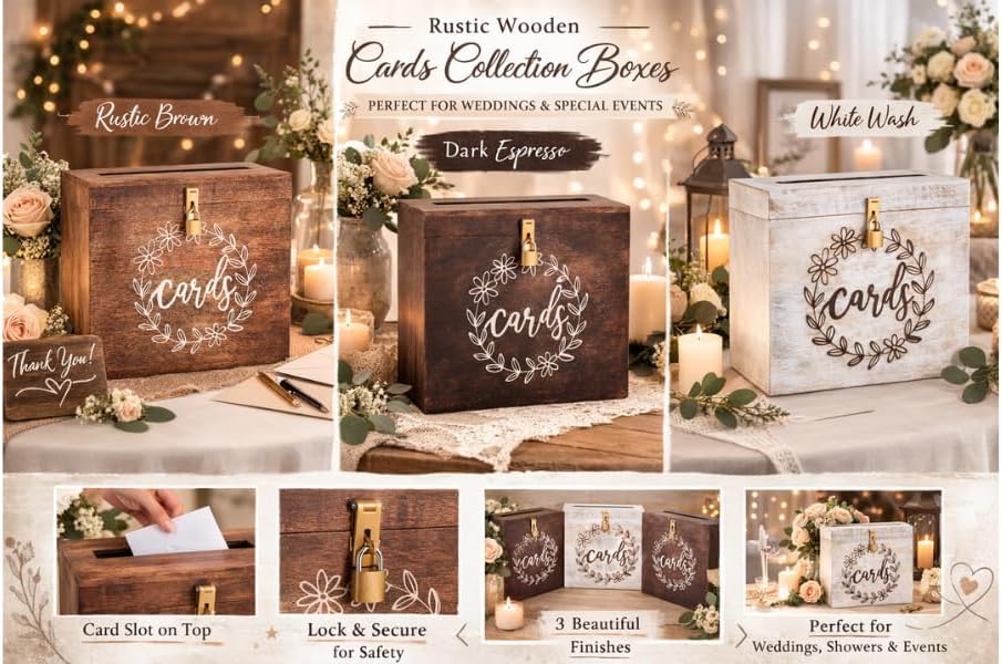 Wedding Card Box with Card Slit and Lock 12"X10"X4.5"- Gift Wishing Well Card Box for Weddings, Receptions, Birthdays, Graduations, Baby Showers, Honeymoon Funds FLWR (BURNT WOOD)