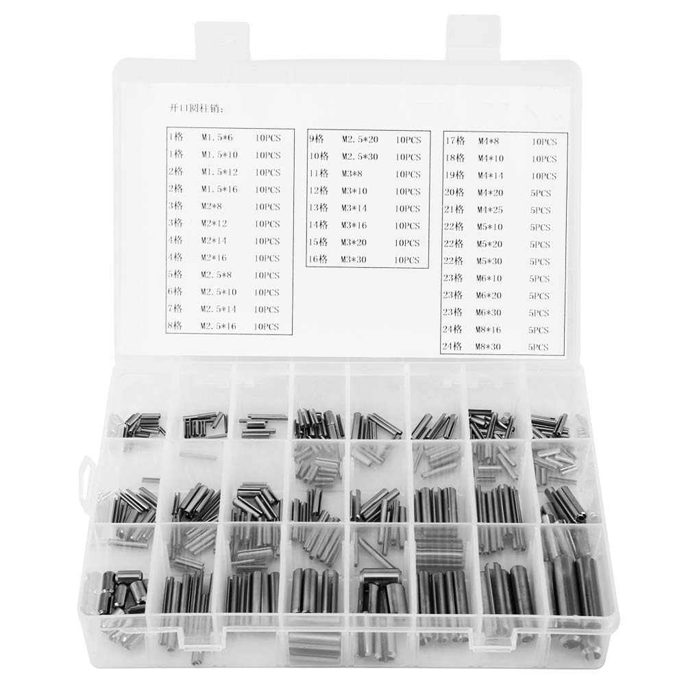 Lot de 280 Goupilles Cylindriques à Ressort en Acier Inoxydable, Ensemble de Goupilles élastiques à Ressort M1.5 M2 M2.5 M3 M4 M5 M6 M8 Assortiment de Goupilles élastiques pour