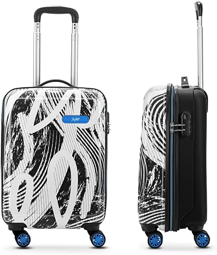 Skybags Stroke Printed Cabin Size Hard Case Trolley Bag, Black-White | Lightweight, Stylish, 8-Wheels, Polypropylene+ABS C...
