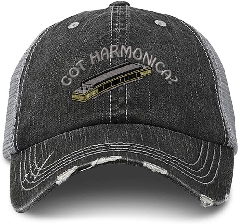 Speedy Pros Distressed Trucker Hat Got Harmonica Embroidery for Men & Women Black Gray