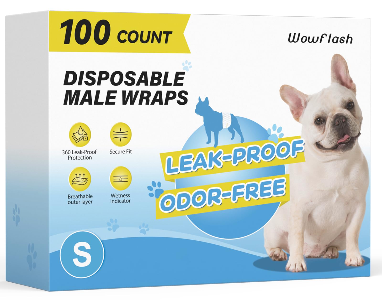 Wowflash 100 Count Dog Belly Bands for Male Dogs, Male Dog Diapers Disposable, Leakproof Dog Wraps with Wetness Indicator, Breathable Quick-Dry, Secure Fit for Doggy Puppy Training, Small