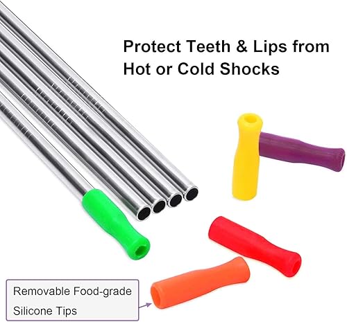 Miniatura 5 de HuaQi Juego de 10 pajitas de metal de acero inoxidable con puntas de silicona, rectas y reutilizables para vasos Yeti de 20 onzas, 30 onzas (popotes
