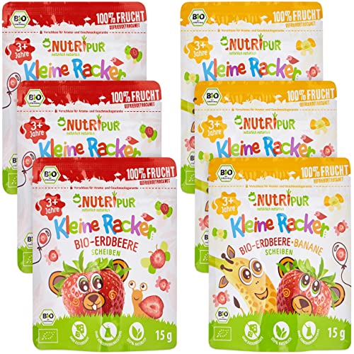 BIO Frucht Snack für Kinder: 6x15g Bananen und Erdbeeren Gefriergetrocknet – Gefriergetrocknete Früchte – Getrocknete Früchte – Kleine Racker NutriPur