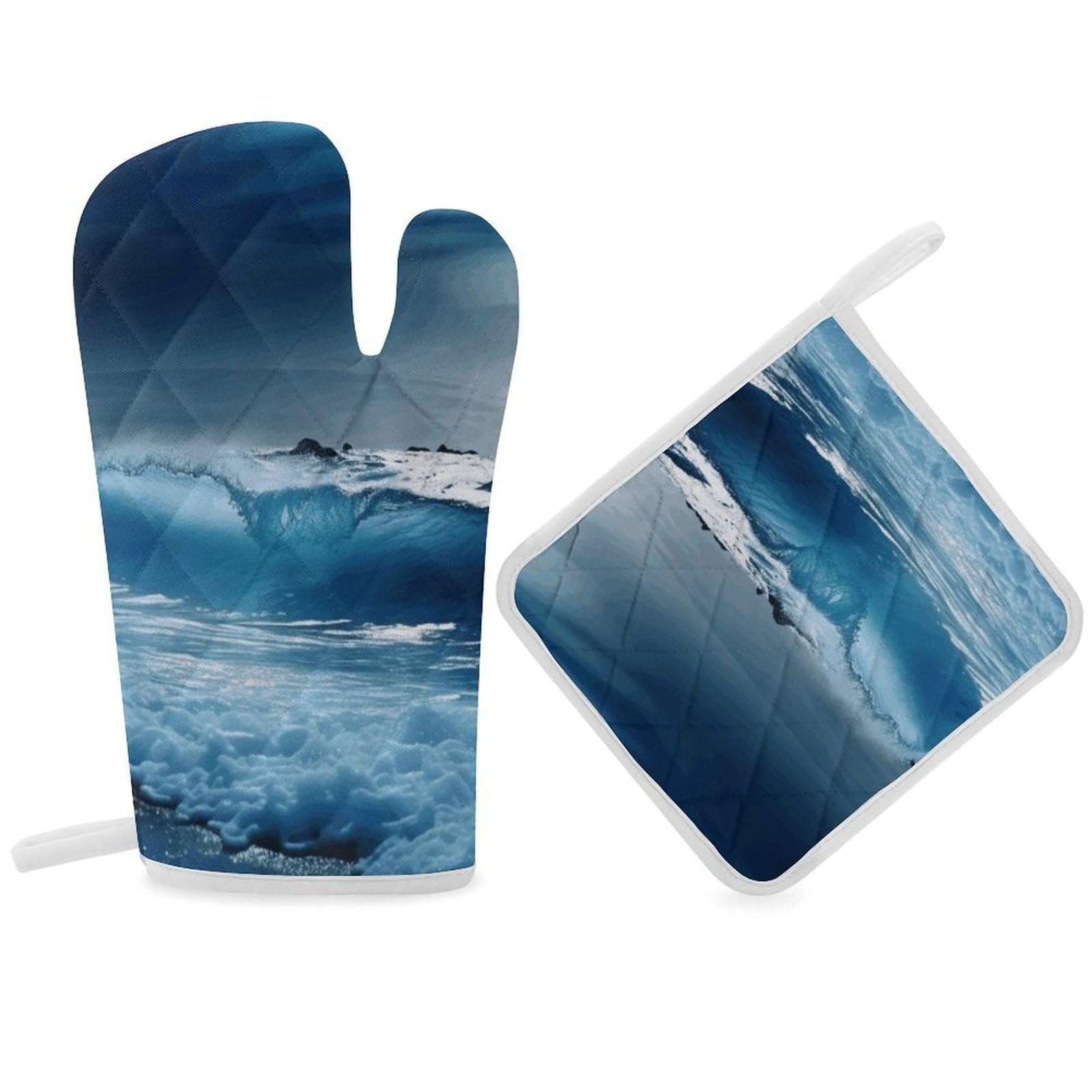 Gants de cuisine en polyester bleu Océan avec coussinets imprimés