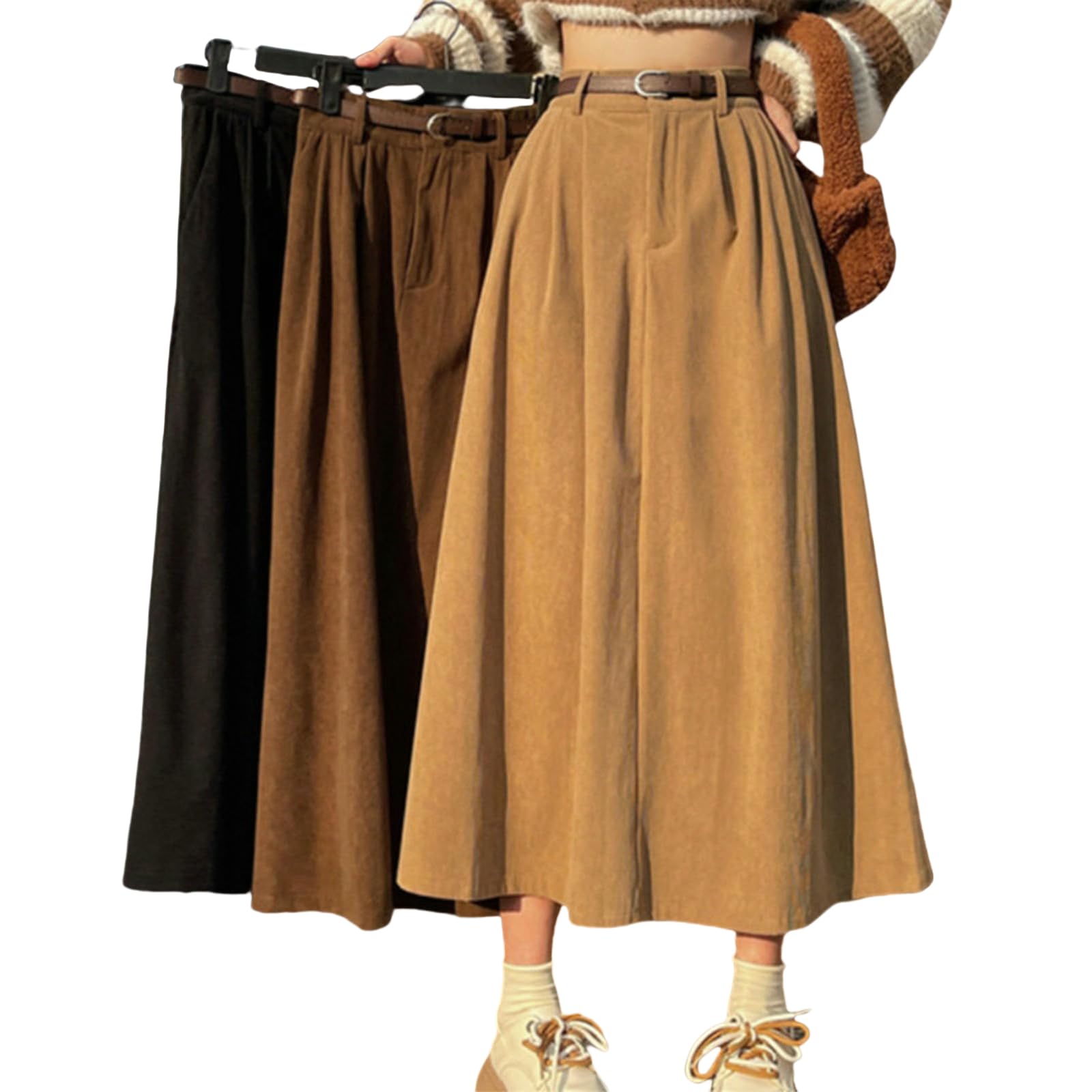 Röcke Cordrock Für Frauen Herbst Und Winter Neuer Hoher Taille Langer Retro-hip-hip-bedeckender A-line-Rock Mit Gürtel-schwarz-s