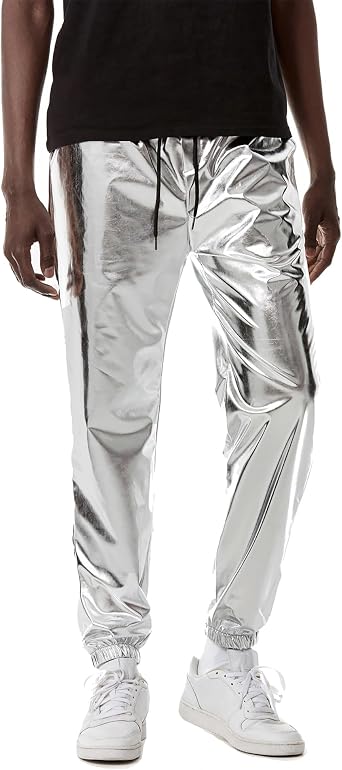 ZEROYAA Mens Metallic Shiny Sweatpants Disco Party Elastic Trousers