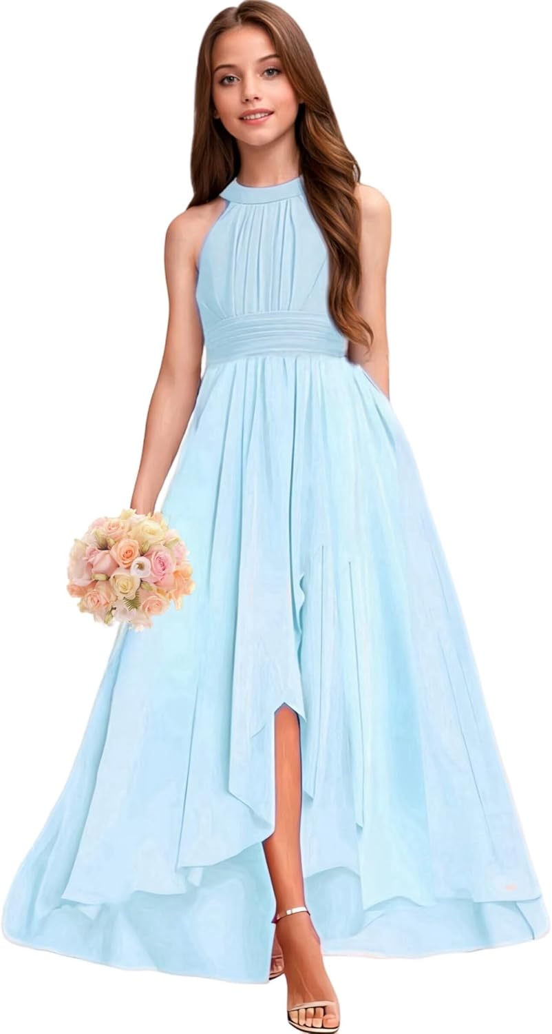 Chiffon Junior Bridesmaid Dresses Pleated Flower Girl Dress High-Low Evening Formal Party Gown for Wedding