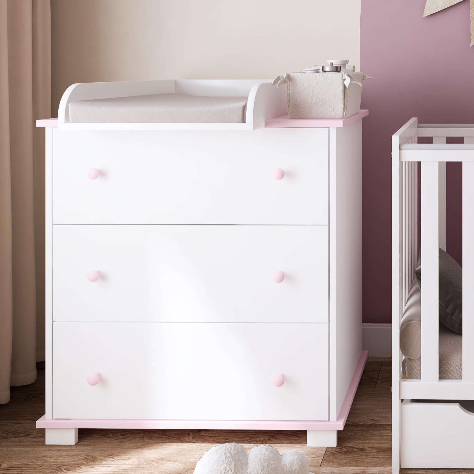 zee Cómoda Cambiador para Bebé Rosa 83 x 49 x 87 cm Classic con 3 Cajones Cambiador Extraíble Guías Telescópicas Tiradores y Patas de Madera de Pino