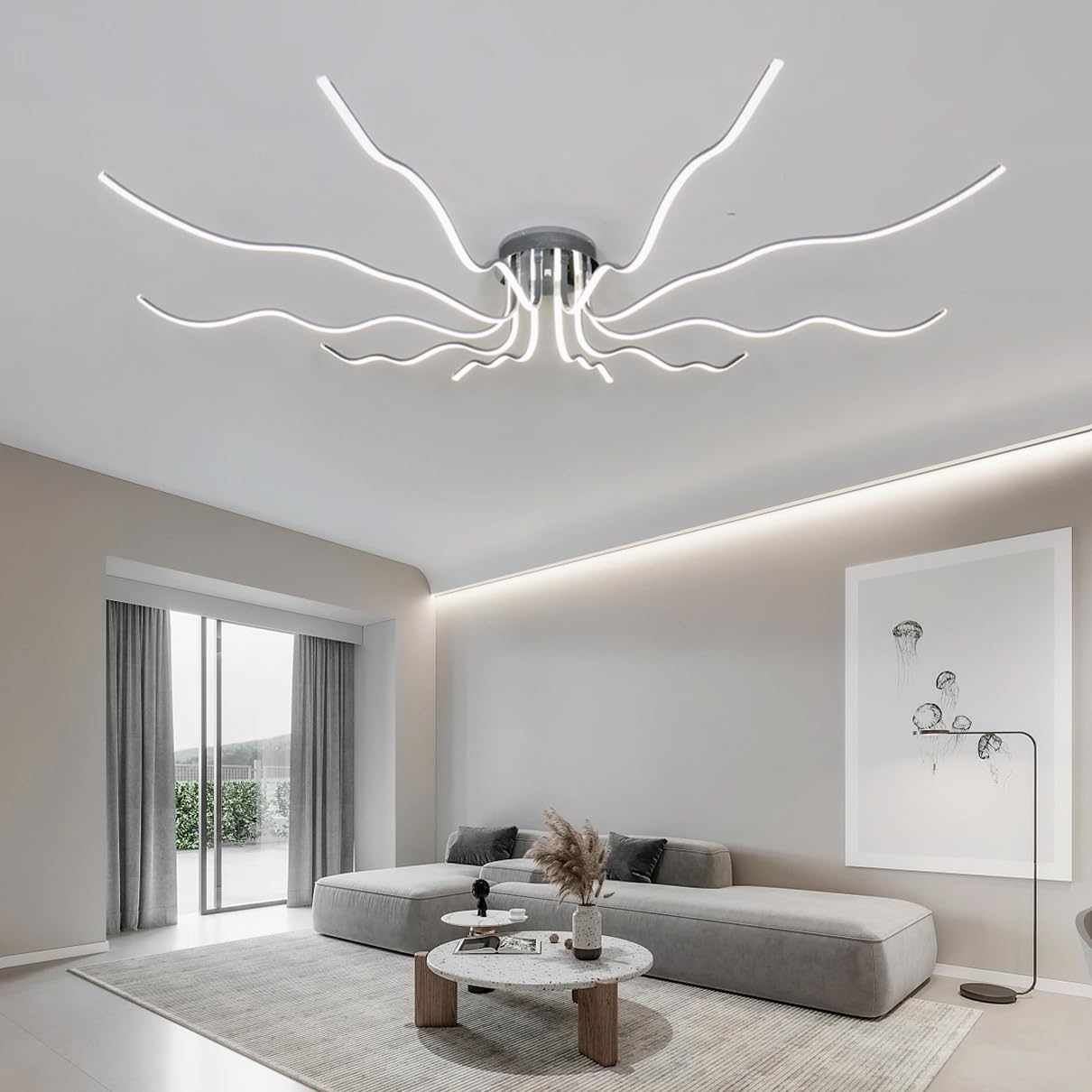 LED DeckenleuchteWohnzimmerlampe,10 Flammige Dimmbar Deckenlampe Wohnzimmer mit Fernbedienung, Die Form kann frei geändert werden, Deckenleuchte Wohnzimmer Modern Groß modisch und einfach Ø140cm
