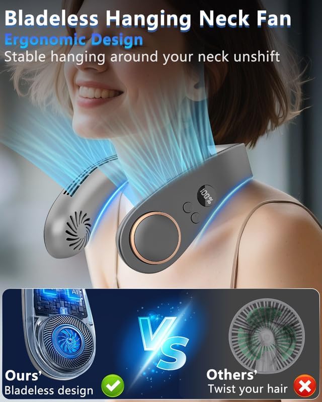 Neck Fans that Blow Cold Air Rechargeable,Quiet Leafless Hanging Neck Fan with Metal Cool Plates,Battery Operated Neck Ac Air Conditioner Portable Personal Fan,Necklace Cooler for Women Men Kids Black