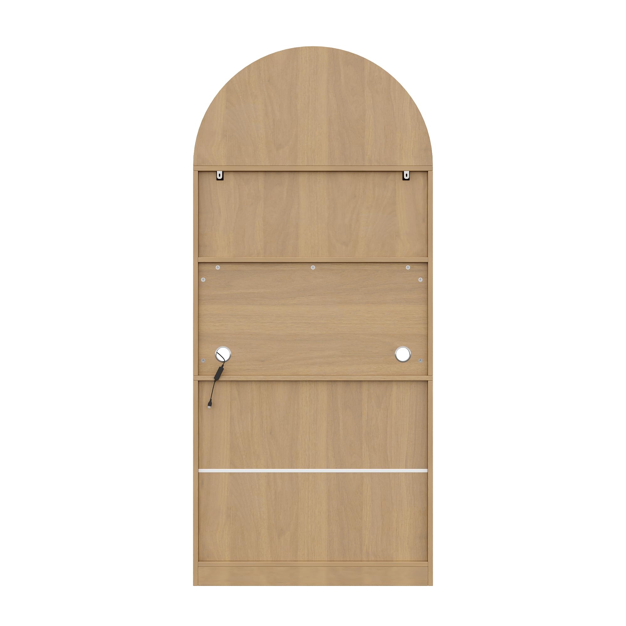Azkoeesy Librería Curva Vitrina Alta 80x35x180cm con LED y Control App, 3 cajones y puertas con tiradores dorados, color roble claro + acabado ratán, moderno para salón y pasillo
