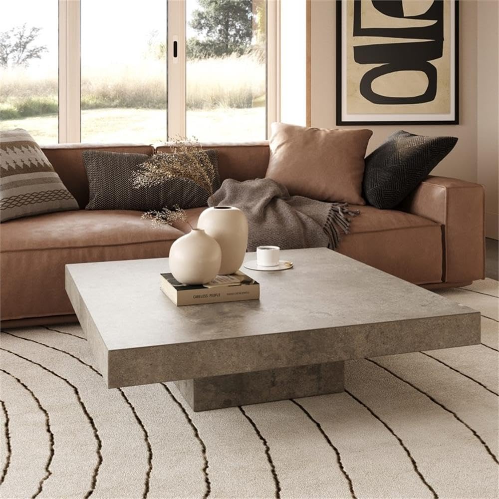 Pemberly Row Square Modern Concrete Coffee Table 43 x 43 x 12 in Fiber Reinforced Stone Dark Gray