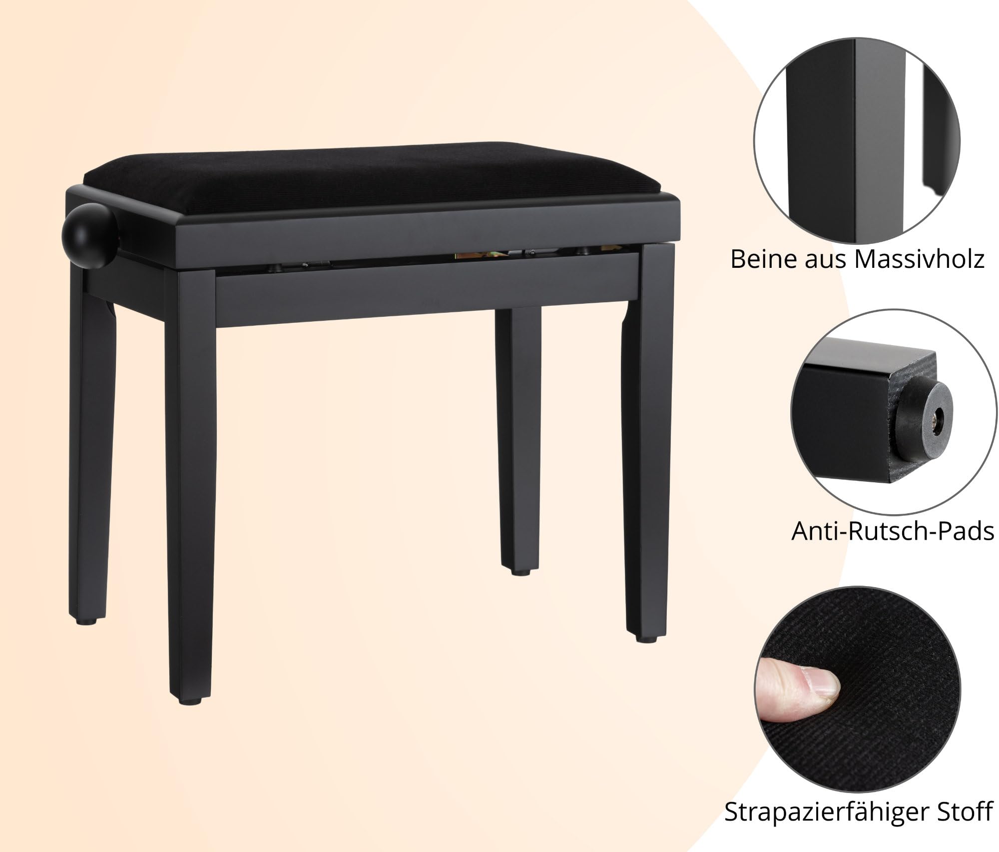 Classic Cantabile Pianobank Schwarz-matt - Höhenverstellbar von 47-56cm - Klavierhocker mit Spindelmechanik - Klavierbank Sitzfläche 55 x 32cm - Schwarzer Klavierstuhl mit Velourbezug, stabil