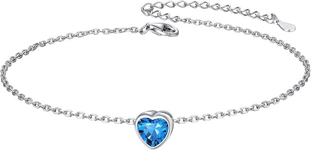 925 Sterling Silver Heart Birthstone Anklet for Women Dainty Ankle Bracelet 22cm+5cm Extend Chain(with Gift Box)