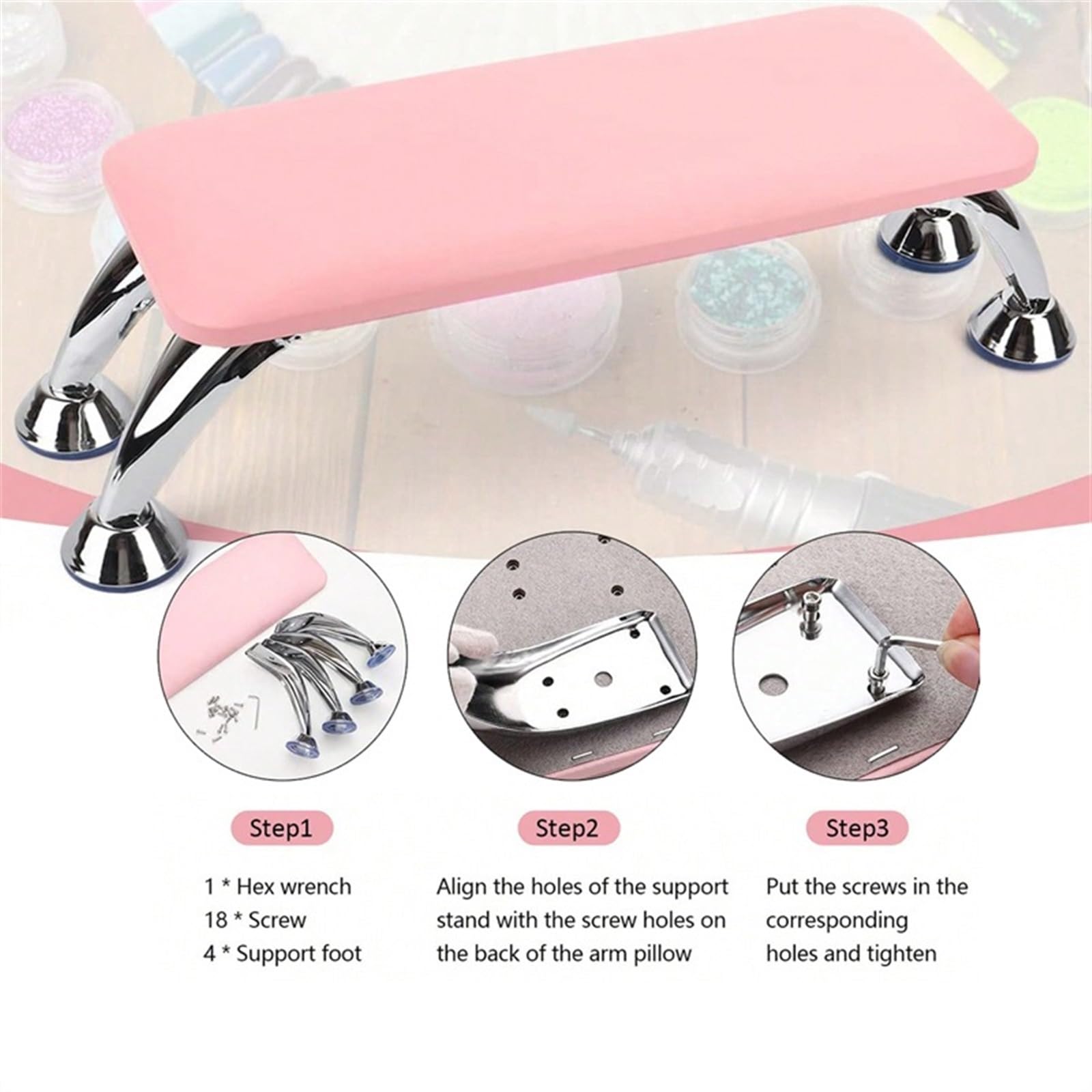 Cuscino poggiabraccia per manicure, Poggiabraccio for chiodi in pelle PU multicolore con staffa in acciaio inossidabile(Pink)