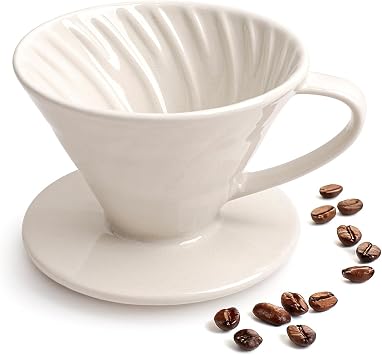 Pour Over Coffee Maker, Single Cup Ceramic Coffee Dripper, Reusable Filter Cone Drip Holder Slow Brewer with Hole Flat Bottom for Home, Office, Travel, Camping White