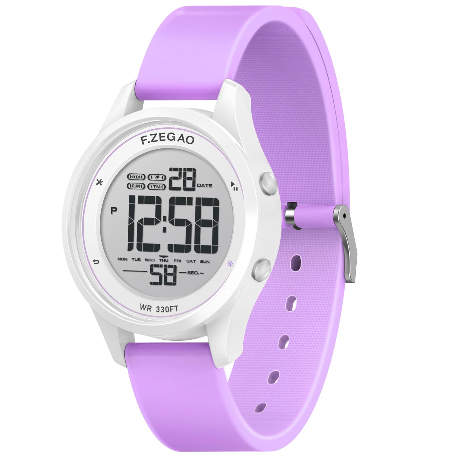 Digital Watch Womens with Stopwatch Alarm Countdown Dual Time, 10ATM Waterproof Watches for Women Purple Silicone Band Diameter 40mm