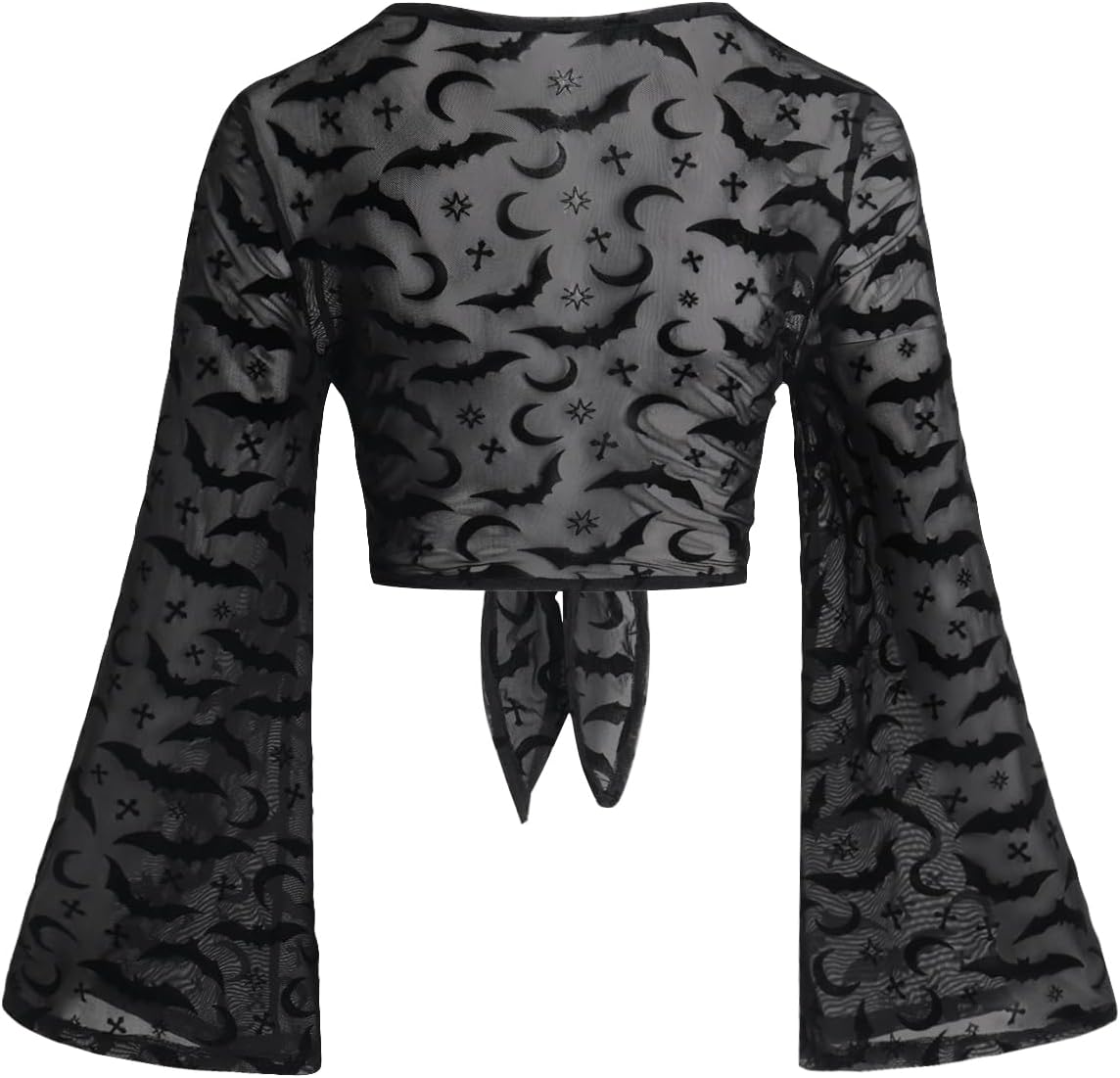 Verdusa Women's Y2k Gothic Clothes Sheer Mesh Top Tie Bell Sleeve Printed Wrap Blouse Shirt - Image 2