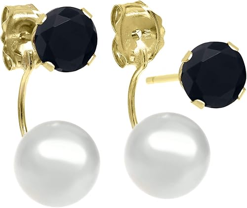 Miniatura 2 de Gem Stone King Pendientes de chaqueta de oro amarillo de 14 quilates con ónix negro de 0.197 in y perla cultivada de agua dulce de 0.236 in para