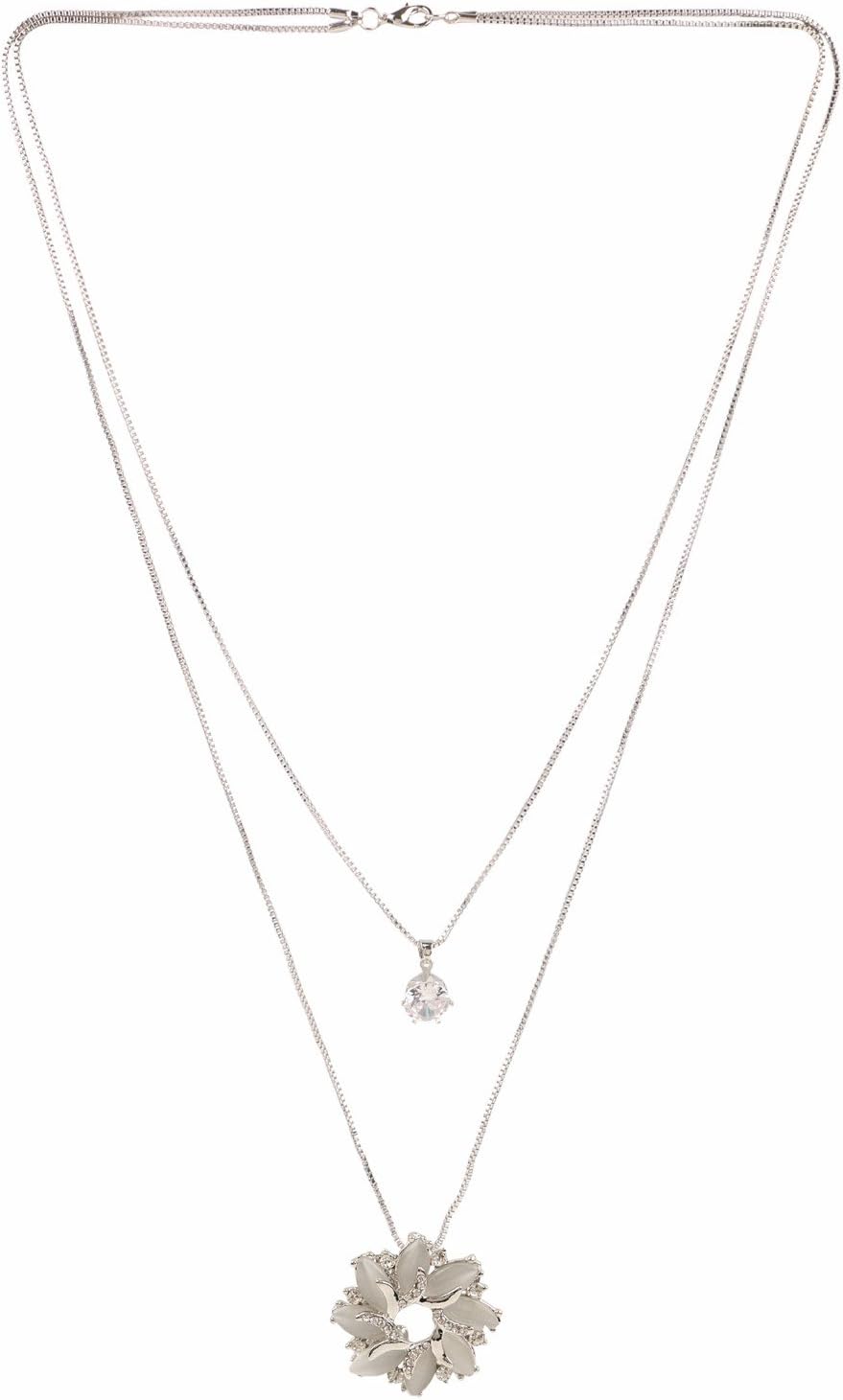 INT59 Efulgenz Fashion Jewellery Silver Plated Metal Double Layer Crystal Fancy Long Chain Party Western Wear Pendant Necklace for Women