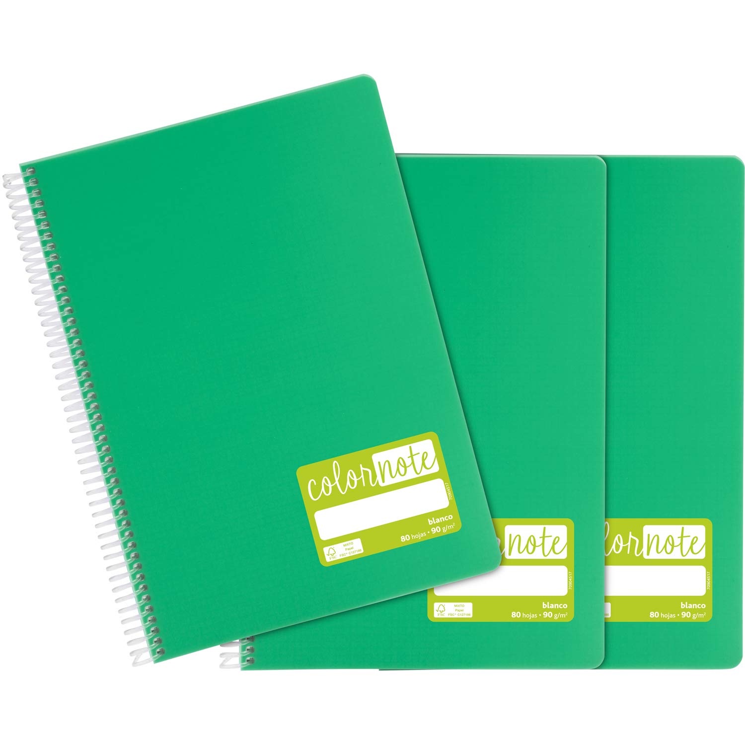 Grafoplás 98527620 Pack of 3 White Paper Notebooks, A4, Green Polypropylene, FSC Certified, ColorNote Series