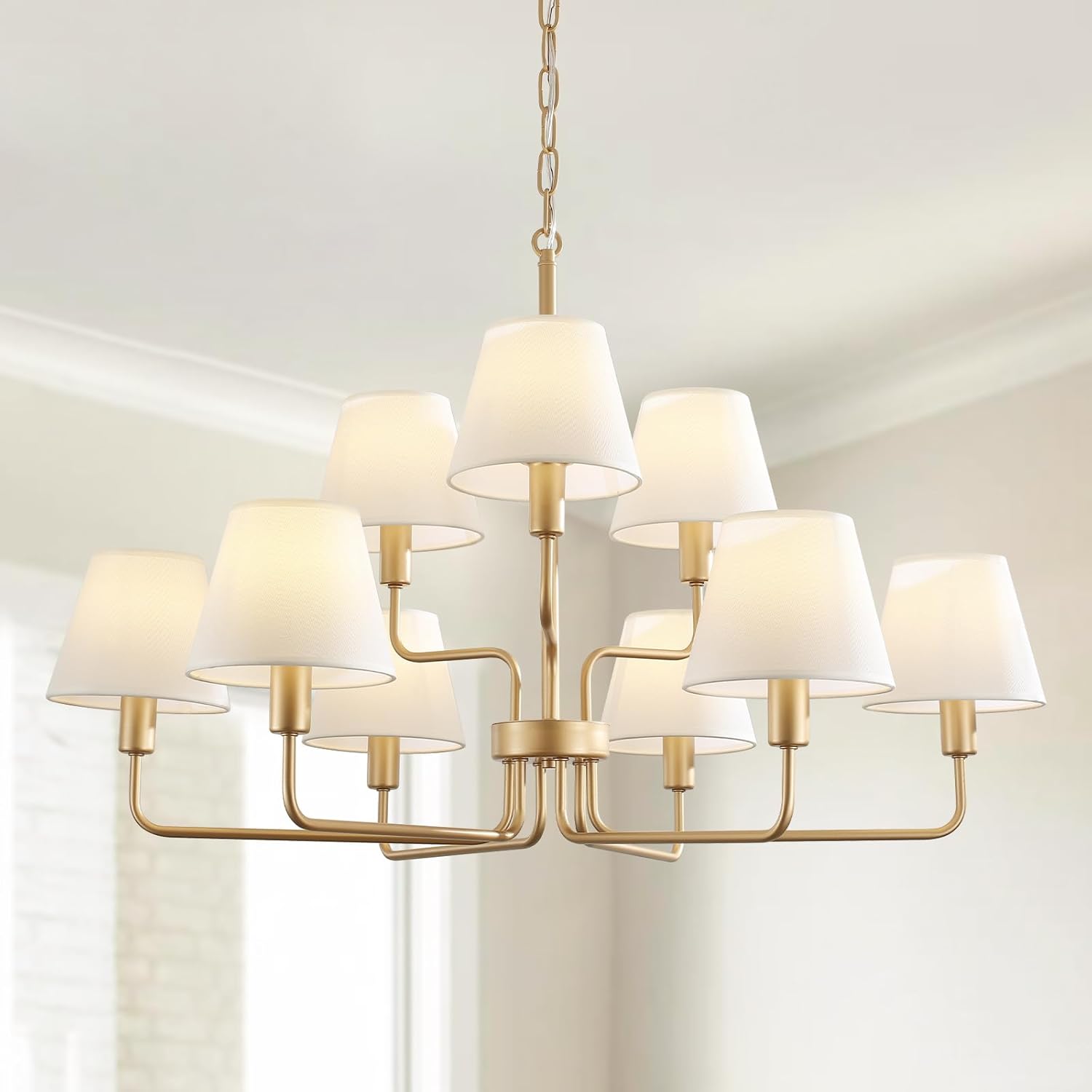 Farmhouse Chandeliers for Dining Room with White Fabric Shades,33”Gold Light Fixture Chandelier,9-Lights entryway chandelier for foyer,2 Tiered Lantern Farmhouse Pendant Light for Living Room,Entryway