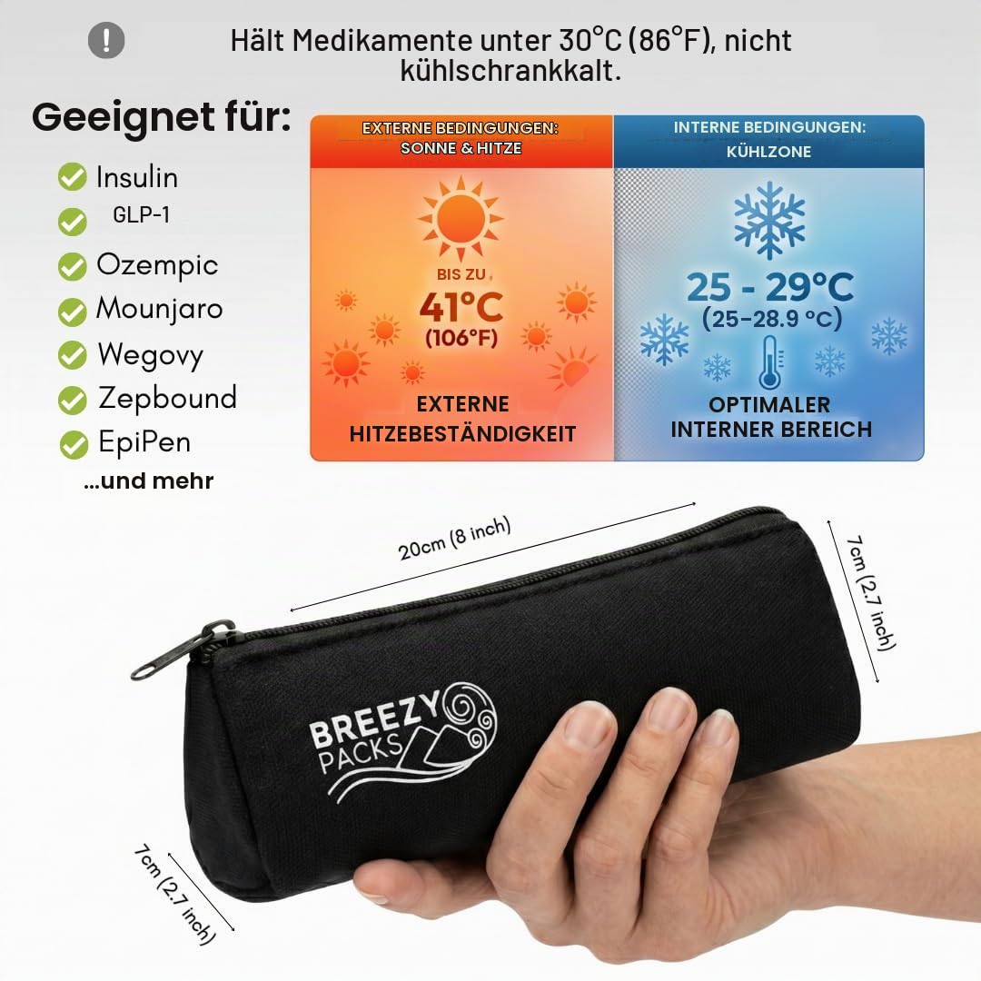 Kühltasche für Insulinstifte, 24/7-Schutz, medizinische Tasche, TSA-zugelassene Diabetiker-Tasche, hält Medikamente bei Raumtemperatur, Breezy Basic (schwarz)