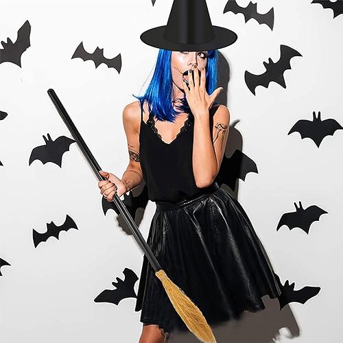 Miniatura 5 de Medoore Juego de 4 sombreros de escoba de bruja de Halloween, 2 escobas de bruja de Halloween y 2 sombreros de bruja de Halloween, accesorio de