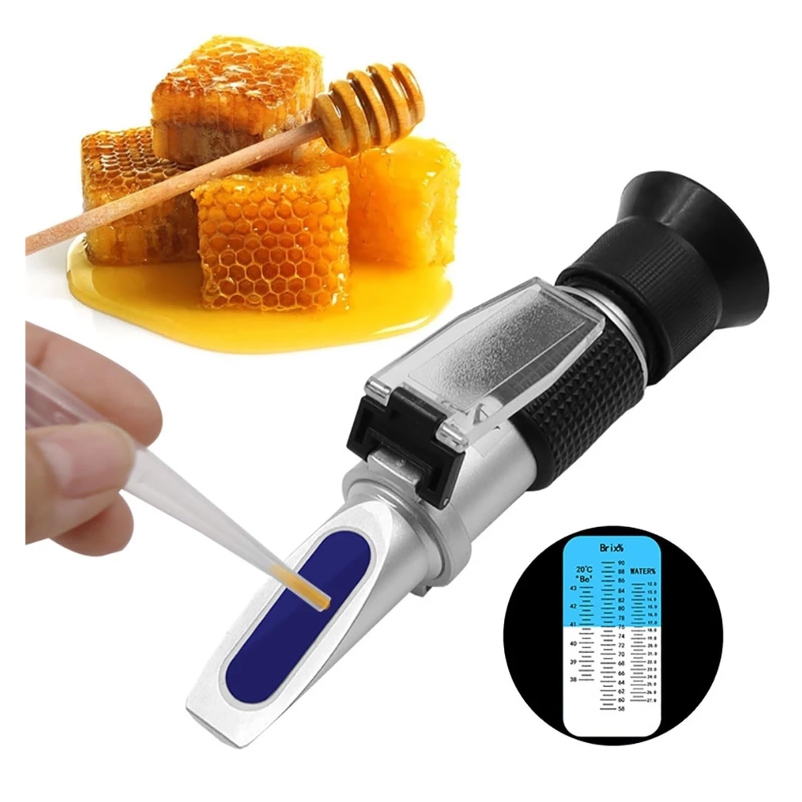 Réfractomètre Brix, Réfractomètre de surveillance automatique du miel à main compteur de sucre miel hydratant 58-92% plage de rapport outil de mesure du compteur de miel Pour sucres alimentaires