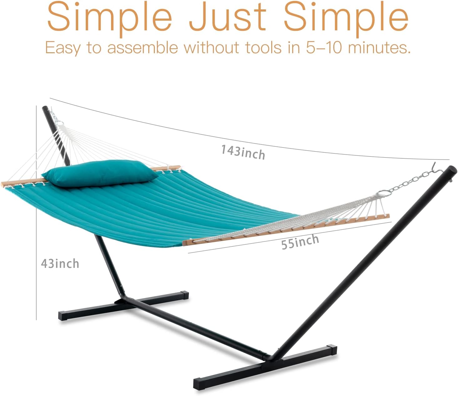 Gafete 55 Inch Extra Large Two Person Hammock with Stand Included Heavy Duty Portable Cotton Double Hammocks with Hardwood Spreader Bar Soft Pillow for Patio Outdoor, Max 475lbs Capacity (Aqua)