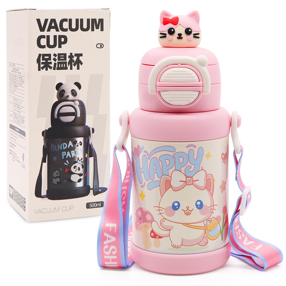 Borraccia Termica per Bambini, Bottiglia d'Acqua con Cannuccia, Cartone Animato Gattino Borraccia Inox, Bottiglia Termica Isolato per Scuola, Ufficio e attività all'aperto Borracce 500ml