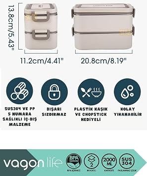 Vagonlife Bento 2000ml Lunchbox 2 Katlı 3 Bölmeli Mini Kaseli Çelik Sefer Tası Yemek Kutusu (Lacivert-Sarı)