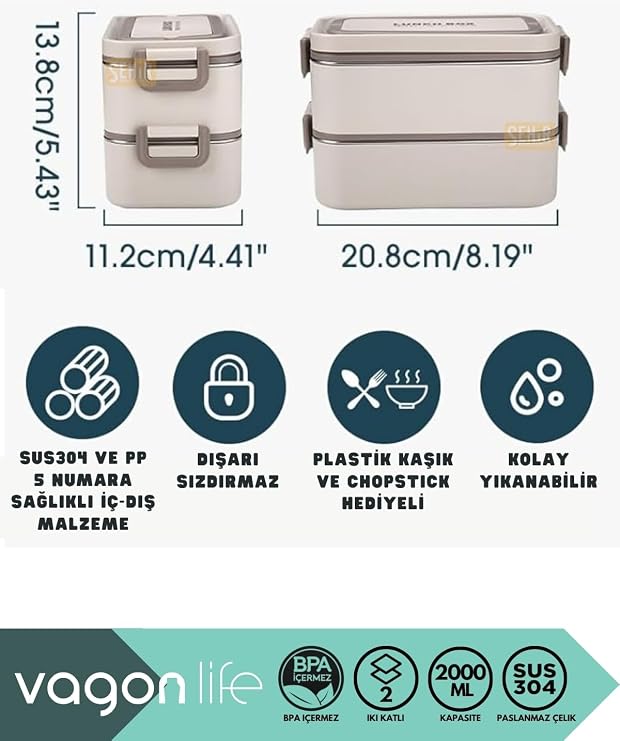 Vagonlife Bento 2000ml Lunchbox 2 Katlı 3 Bölmeli Mini Kaseli Çelik Sefer Tası Yemek Kutusu (Lacivert-Sarı)
