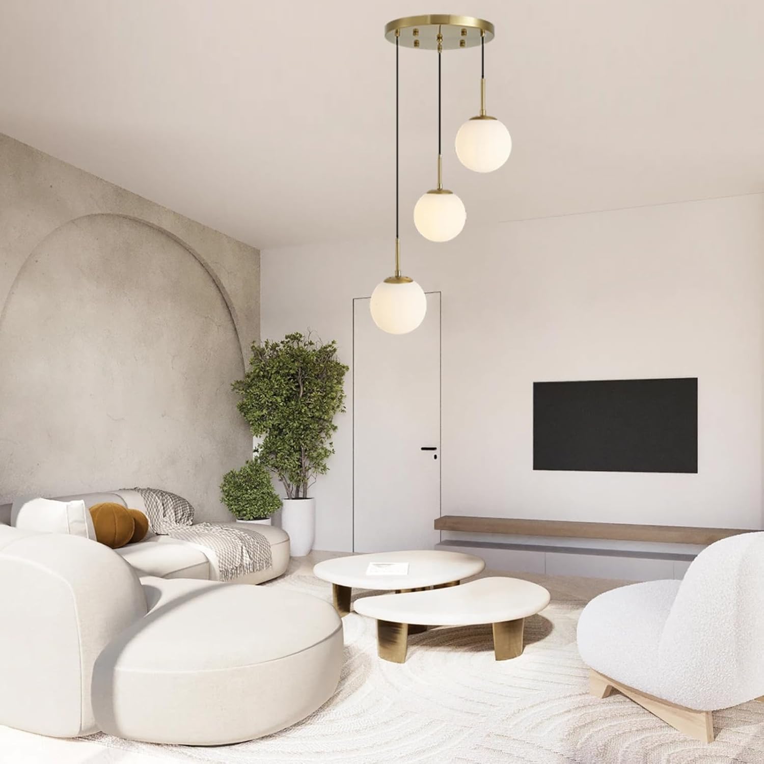 3 Lights Globe Modern Chandeliers, Glass Gold Cluster Pendant Lights, Kitchen Island Lighting with Milk White Shades for Staircase,Dining Room, Living Room, Bedroom, Foyer, Hallway